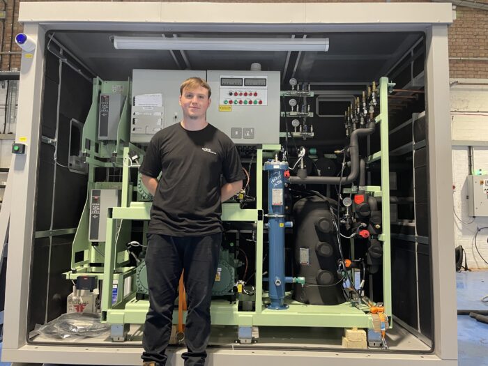Ethan with a refrigeration pack at Space Manufacturing facility in Pucklechurch